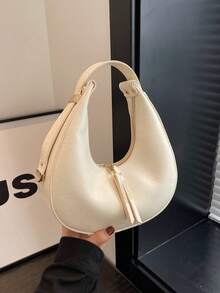 Glamine Women's Textured Leather Dumpling Bag, Crescent-Shaped Underarm Bag, Large Capacity Commuter Shoulder Bag, Handbag - Beige - View 5