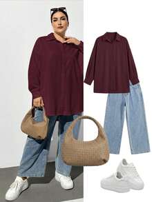 SHEIN Essnce Plus Size Women's Autumn Winter Casual Baggy Loose Burgundy Basic Long Sleeved Button-Down Shirt , Work Office Formal Oversize Top - Burgundy - View 8