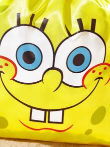 SpongeBob SquarePants | SHEIN 海洋卡通緞面抽繩收納袋，單件或組合販售，柔軟光滑布料，防塵抽繩設計，適合旅行衣物與盥洗用品收納 - 黃藍色 - 查看 4