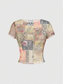 ROMWE Grunge Punk Dark Punk Mesh Patchwork Floral Leopard Snake Print Women's Top - Beige - View 1