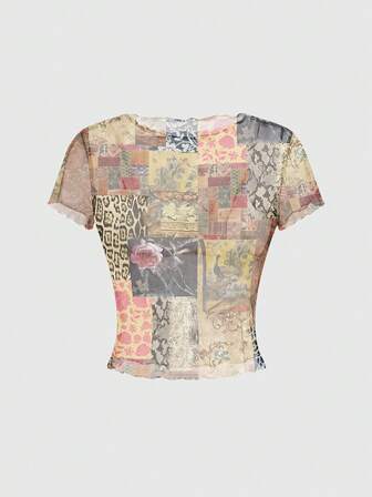 Grunge Punk Top para mujer con estampado de serpiente, leopardo y floral en patchwork de malla estilo punk oscuro