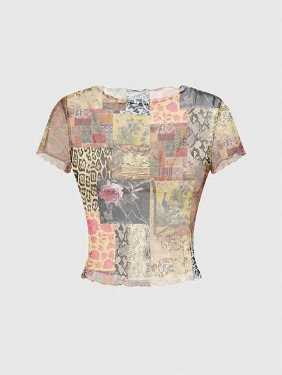 Grunge Punk Top pour femme imprimé floral léopard et serpent avec patchwork en maille style punk sombre