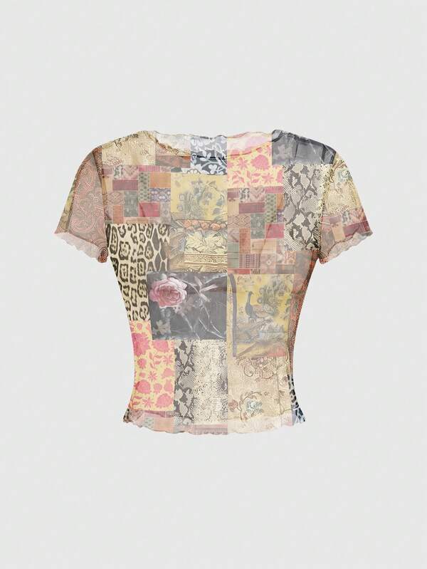 ROMWE Grunge Punk Dark Punk Mesh Patchwork Floral Leopard Snake Print Women's Top