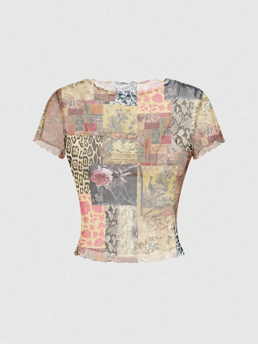 ROMWE Grunge Punk Dark Punk Mesh Patchwork Floral Leopard Snake Print Women's Top - Beige - View 1