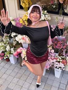GalTyme 大尺碼女款露肩拼色百褶休閒百搭日常穿搭T恤 - 黑色 - 查看 3