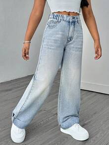 SHEIN Celana Jeans Kasual Anak Perempuan Remaja Warna Biru Muda dengan Potongan Lebar - Biru - View 6
