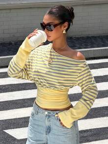 Muchica 女款秋季新款黃灰配色針織條紋收腰不對稱領長袖T恤，適合外出、街頭風、Y2K風格 - 黃色 - 查看 1
