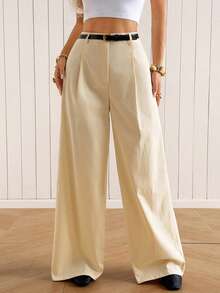 SHEIN EZwear 女款純色百褶休閒百搭寬腿褲，適合日常穿著 - 卡其色 - 查看 6
