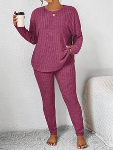 SHEIN Frenchy 纯色粒面面料家居服风格落肩 T 恤和紧身裤 - 玫紅色 - 查看 4