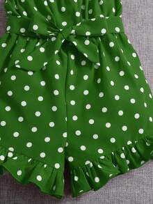 SHEIN Baby Girl Polka Dot Print Ruffle Hem Belted Cami Romper - Green - View 3