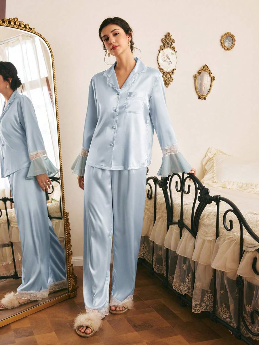Côtesoire Women's Contrast Lace Bell Sleeve Single-Breasted Top And Long Pants Elegant Pajama Set - Baby Blue - View 1