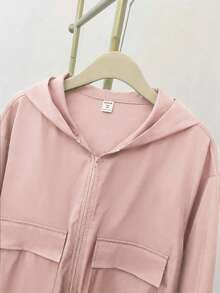 SHEIN 青少年女孩編織純色粉色貼袋短版寬鬆休閒連帽外套，返校休閒外套 - 藕粉色 - 查看 8