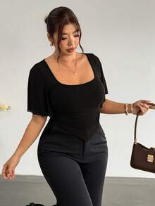 Firerie Plus Size Women's Solid Color Square Neck Casual Versatile Daily T-Shirt - Black - View 6