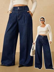 SHEIN CURVE+ 大尺碼時尚百搭口袋鈕扣寬鬆長版牛仔褲 - 藍色 - 查看 7