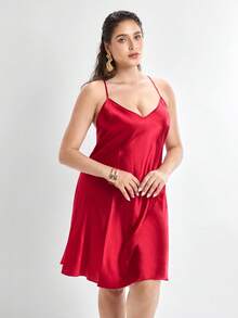 Slumbrini Red Sexy Satin Backless Halter Neck Plus Size Nightgown Red - Red - View 1