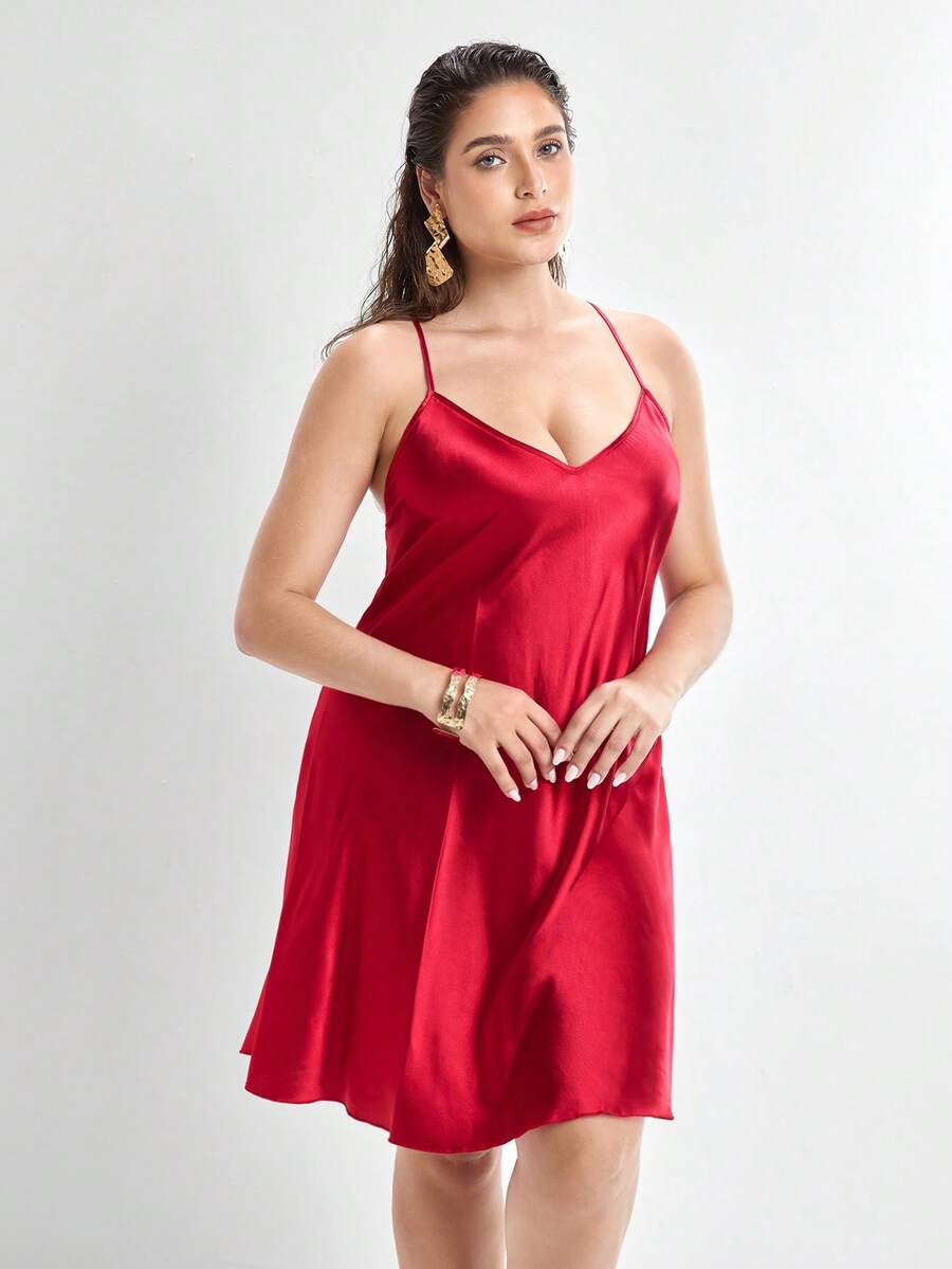 Slumbrini Red Sexy Satin Backless Halter Neck Plus Size Nightgown Red - Red - View 1