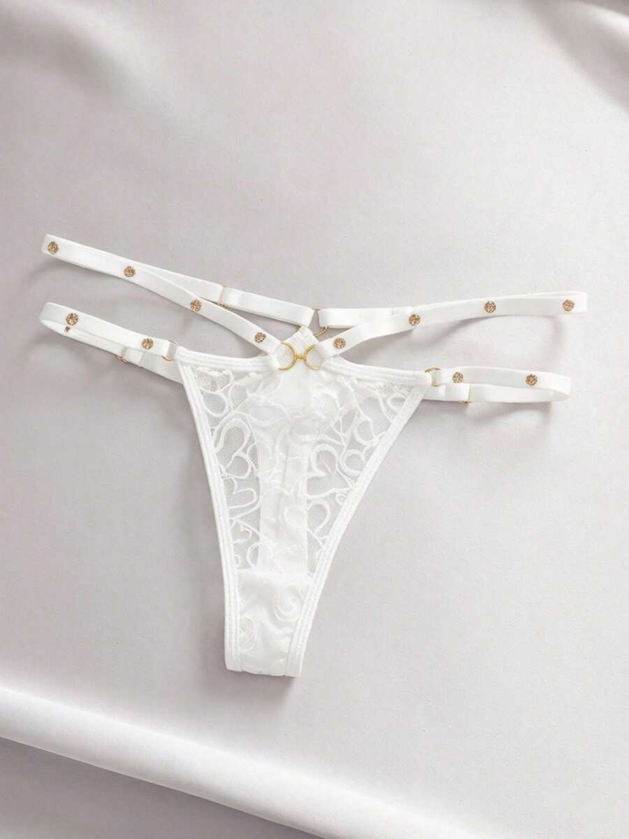 EmpressEnvy 女款愛心刺繡拼接金屬扣寶石鉚釘T-Back內褲 - 白色 - 查看 1