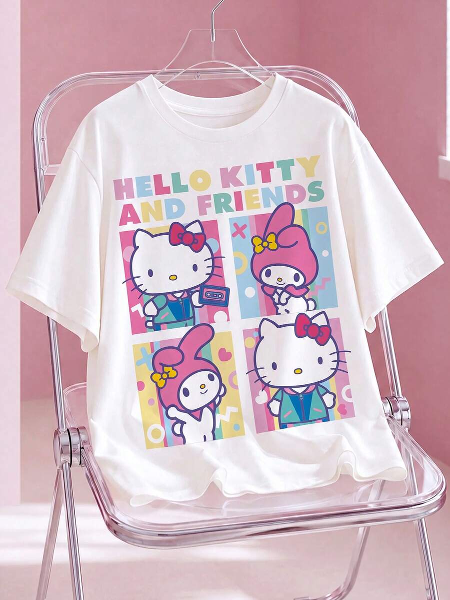 HELLO KITTY AND FRIENDS | SHEIN Kaos Wanita Kasual Musim Panas dengan Motif Kartun - Putih - View 1