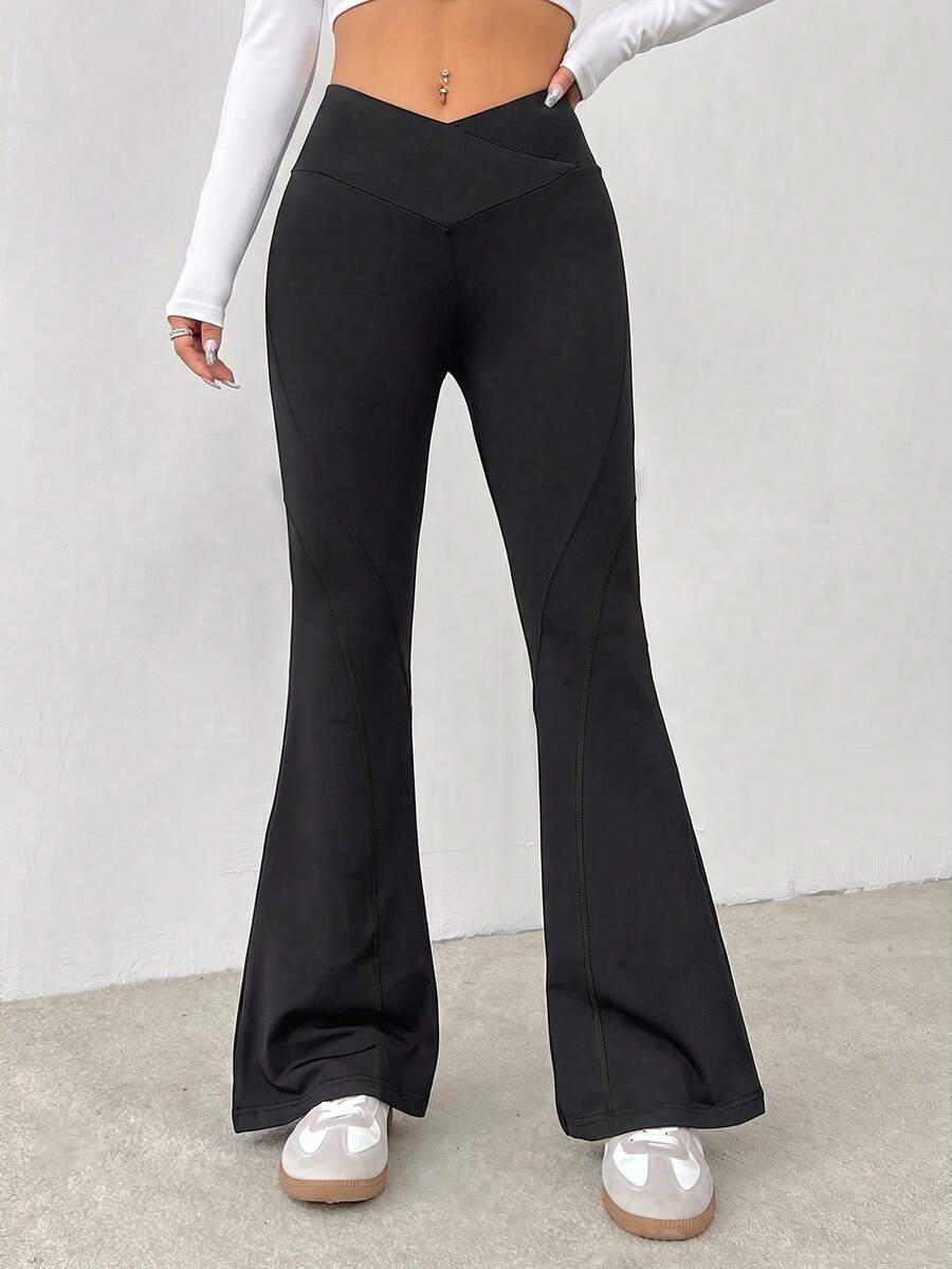 Easithlete Easithlete Women's High-Waisted Flared Yoga Pants Highly Elastic Tummy-Control Butt-Lifting Casual Essential Modest Athletic Gym Black Summer Pilates - Black - View 1