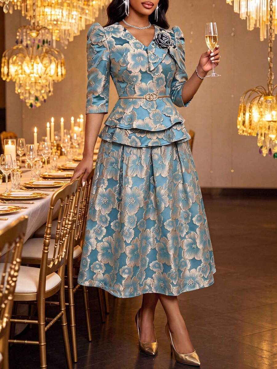 Fleurora Plus Size Elegant 1920s Party Formal Mother Of The Bride Wedding Guest Jacquard Top And Skirt Two Pieces Set Royal Blue Autumn Women's Set Fall - Blue - View 1