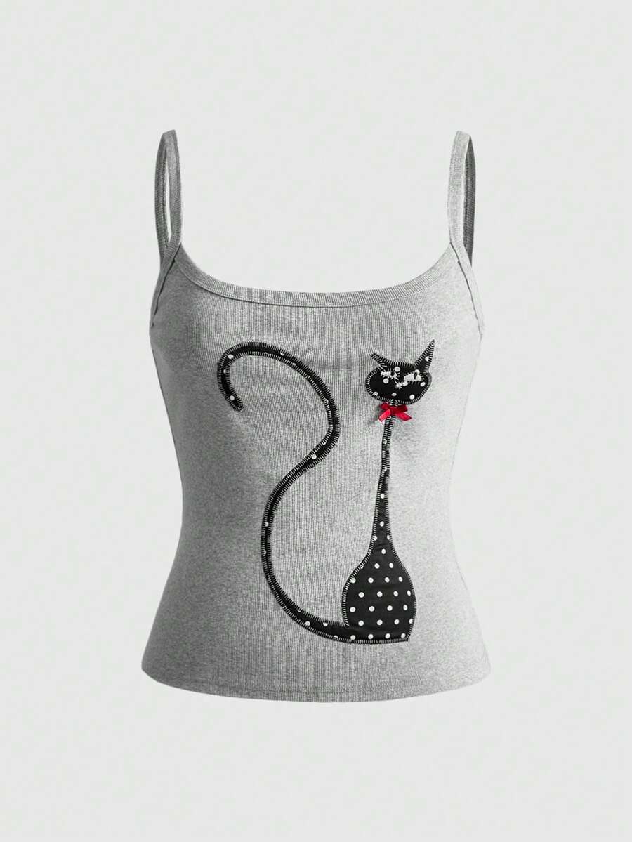 ROMWE Kawaii Atasan Camisole Ukuran Plus yang Ketat, Serbaguna, dengan Bordir Aplikasi Kucing Polkadot Lucu dan Pita 3D - Grey - View 1