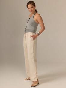 KÆRIA Hus Pull On Gathered Trouser - Textured Linen Tencel - Oatmeal - Comfort, Elastic Waist, Casual, Work, Office, Summer, Modern - Beige - View 5