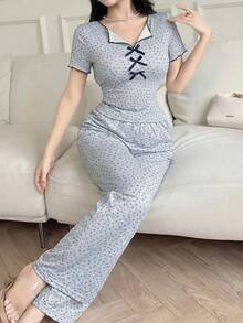 Feyla 2件套女士碎花蝴蝶结装饰短袖T恤和裤子套装 - 彩色 - 查看 5