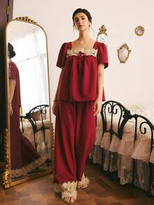 Côtesoire Women's Elegant Lace Patchwork Tie-Up Top And Long Pants Pajama Set - Burgundy - View 3