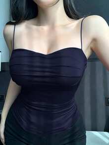 DAZY Fitted Camisole Top With Built-In Padded Bust And Ruched Design - Navy Blue - View 5
