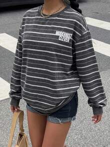 Muchica Sweatshirt Fleece Kasual Wanita Motif Garis-Garis dan Huruf Motif Kepingan Salju untuk Sehari-hari - Hitam - View 3