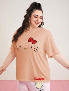 HELLO KITTY AND FRIENDS | SHEIN Plus Size Cartoon Pattern Drop Shoulder Casual Summer T-Shirt - Pink - View 4