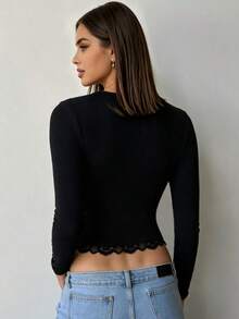 Avenya Autumn/Winter Sexy V-Neck Lace Trim Patchwork Long Sleeve Ruched Waist Women's T-Shirt Top - Black - View 5