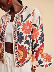 Travachic 杏色編織布料刺繡長版常規袖花卉夾克女款刺繡外套夏季夾克花卉印花外套女款秋冬夾克 - 杏色 - 查看 1
