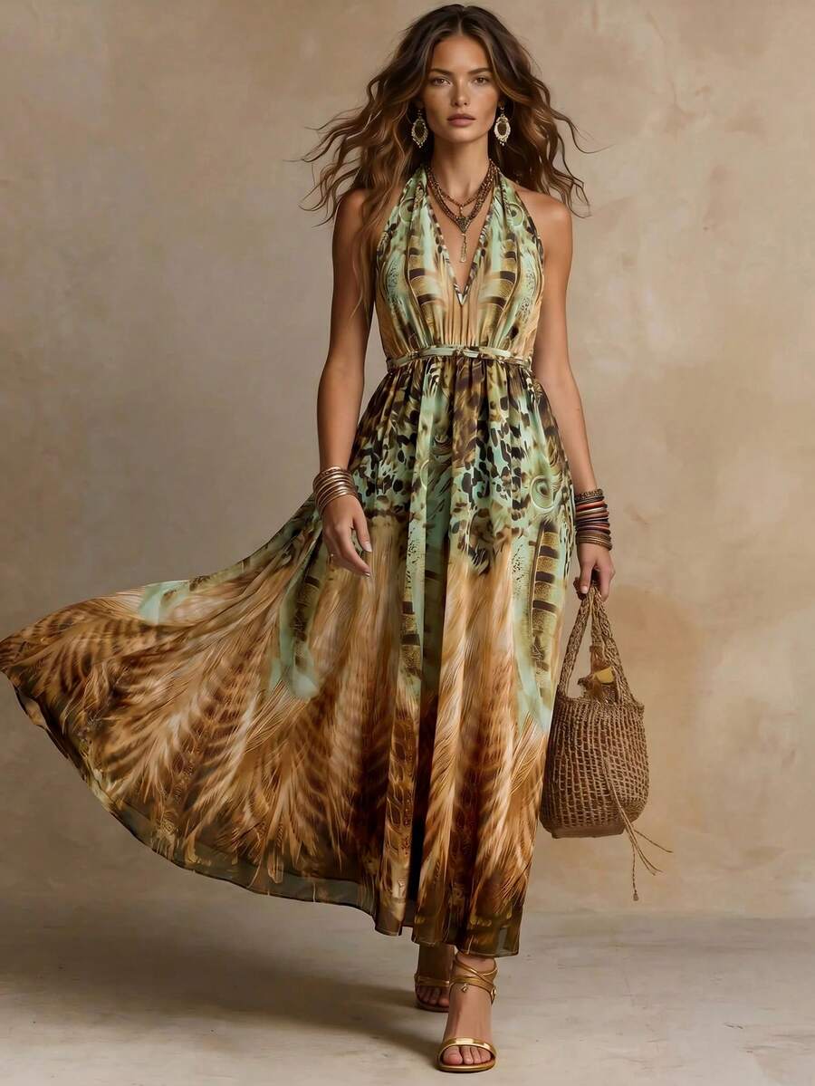 Solivie Women's Brown Cow Print Floral Deep V-Neck Halter Dress For Vacation Beach Brunch Vacation Summer Boho - Multicolor - View 1
