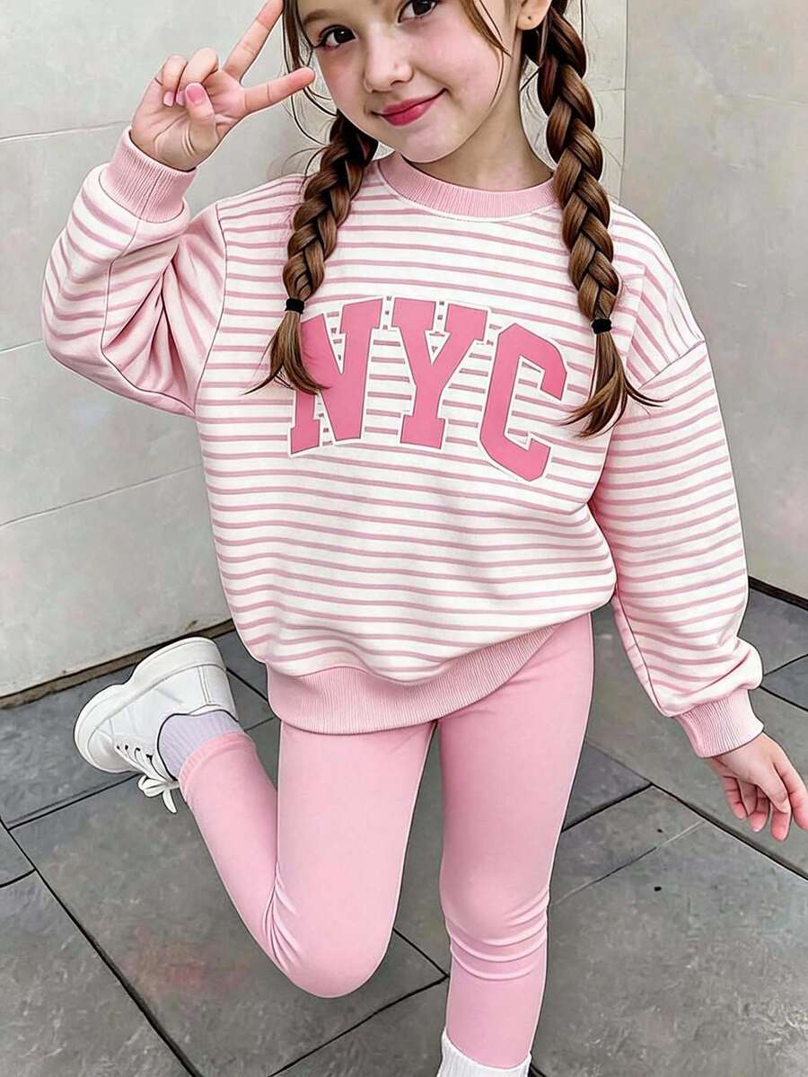 SHEIN Young Girl Striped Letter Print Long Sleeve Sweatshirt And Sweatpants Casual Daily Outfit - Multicolor - View 1
