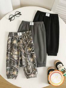 SHEIN 3pcs/Set Baby Boy Autumn/Winter Decorative Woven Label Elastic Waist Long Pants Joggers Camouflage Pants Infant Long Pants Basic Sweatpants Multi-Piece Set - Multicolor - View 4