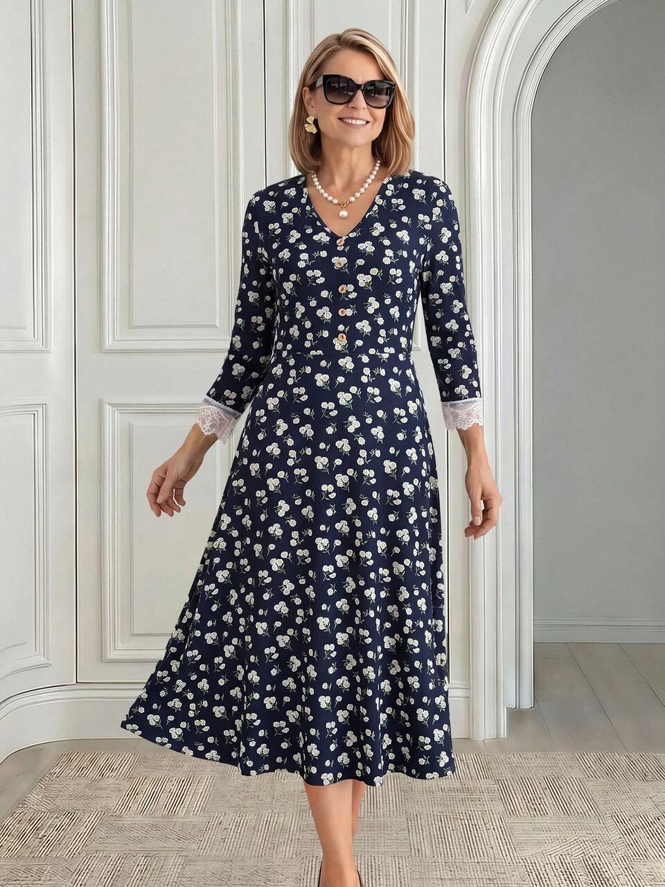 Elegant Ditsy Floral Print Dress For Middle-Aged And Elderly Women