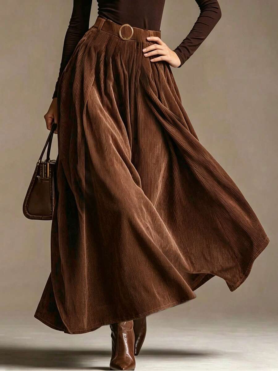 Trelyra 女款棕色秋季裙子－純色、百搭、附金屬扣飾；適合休閒穿著、假期和返校穿搭。