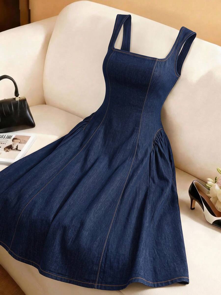 SHEIN MOD 女款方領百褶優雅無袖牛仔洋裝 秋季服飾 優雅洋裝 校園洋裝 藍色洋裝 教會洋裝 返校舞會洋裝 - 深色水洗藍 - 查看 1