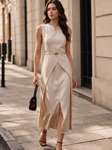 Anewsta Summer New Women's Elegant Simple Sleeveless Dress, Suitable For Daily Wear, Commuting, Gatherings, Dates, Wedding Guest - Apricot - View 7
