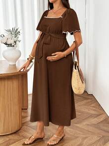 SHEIN Maternity Casual Vacation Belted Dress - Brown - View 4