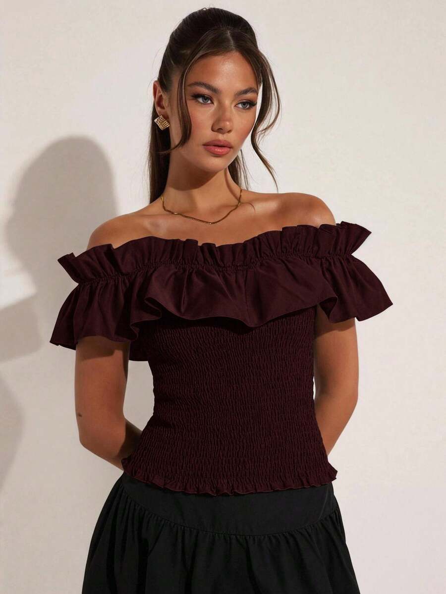 COSMINA Top elegante con hombros descubiertos y volantes negro para mujer - Burdeos - Ver 1