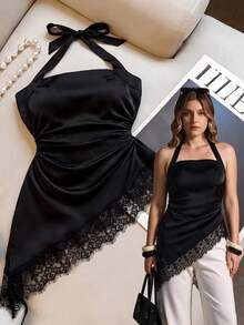 Elegantrix Blus Wanita Ukuran Plus Model Halter Neck dengan Pinggang Ramping dan Patchwork Renda serta Hem Asimetris yang Elegan untuk Perjalanan Sehari-hari - Hitam - View 3