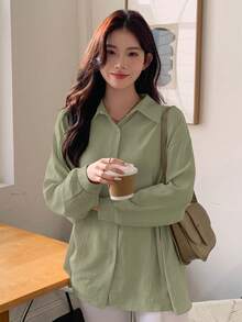 DAZY Women Solid Color Simple Pleated Long Sleeve Spring/Summer Shirt Easter - Green - View 2