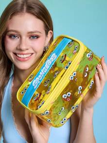 SpongeBob SquarePants | SHEIN Cartoon Print Large Capacity Clear PVC Makeup Bag With Handle, Waterproof, For Cosmetics, Toiletries, Travel Use - Multicolor - View 1