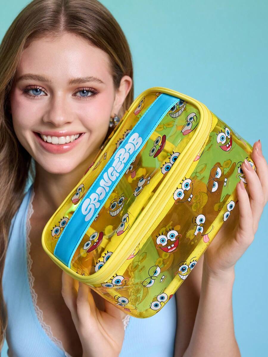 SpongeBob SquarePants | SHEIN Cartoon Print Large Capacity Clear PVC Makeup Bag With Handle, Waterproof, For Cosmetics, Toiletries, Travel Use - Multicolor - View 1