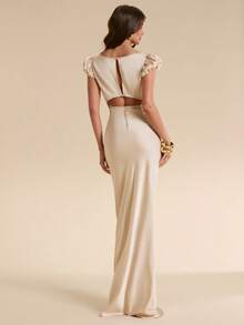 SHEIN BAE Spring/Summer Solid Apricot Satin Short Sleeve Square Neck Lace Patchwork Backless Slim Fit Extra Long Elegant Dress, Apricot Dress, Elegant Dress, Vacation Beach Dress, Summer Dress - Apricot - View 2