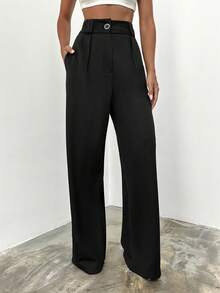 Wovencharm Wovencharm Solid High Waist Wide Leg Suit Pants - Black - View 2