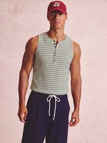 Musero Strpped Ribbed Henley Tank Top Button Front Detail Spring Summer Essentials - Green - View 1
