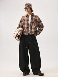 Vaulklash Men Casual Street Cuffed Waist Seam Front Loose Wide Leg Sweatpants Wide Leg - Black - View 2